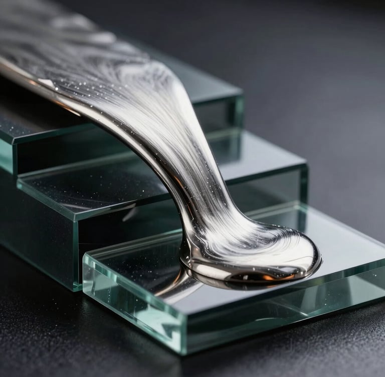 Macro close-up of liquid silver metal flowing over dark geometric glass steps, sharp high-contrast reflections, dramatic studio lighting