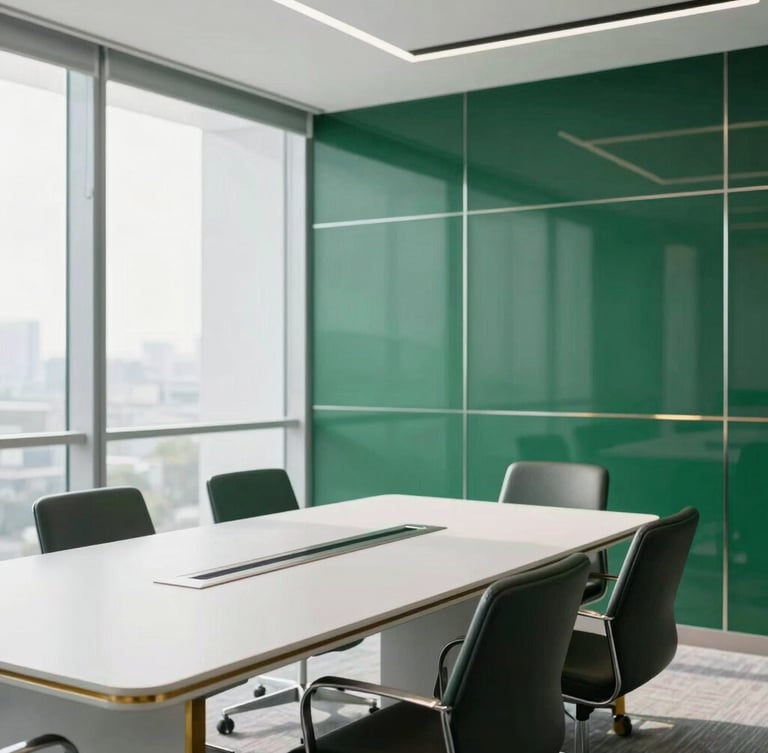 Bright modern Pakistani corporate meeting room with clean glass walls, soft natural daylight, minimalist aesthetic, deep green accents, 35mm lens