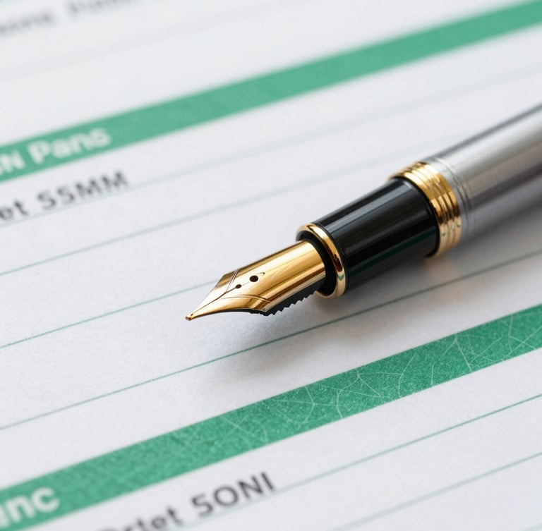 Macro shot of gold fountain pen resting on green-tinted financial ledger, bright natural daylight, corporate editorial style