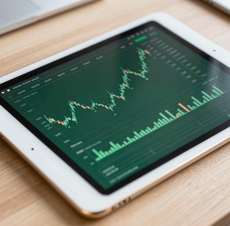 Crisp close-up of a modern tablet displaying financial charts on a wooden desk, soft natural light, deep green tones, professional setting