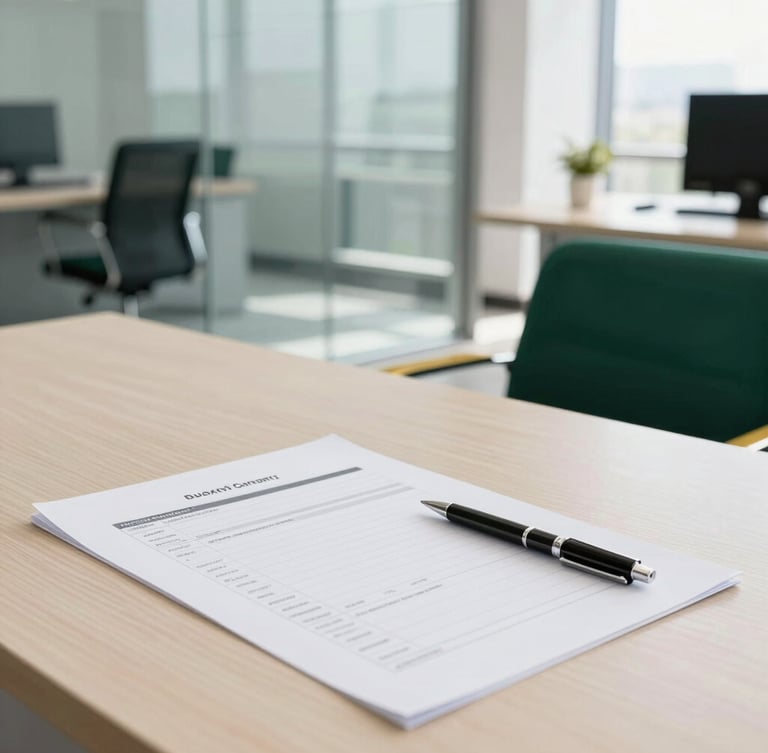 A bright, modern corporate workspace in Karachi with natural daylight, a crisp financial statement on a clean wooden desk, sleek pen, and glass partition in background, 35mm lens.
