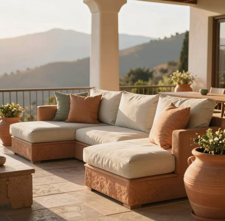 A bright sun-drenched porch with high-end outdoor sofas, textured terracotta planters, and a soft mountain backdrop in golden hour light.