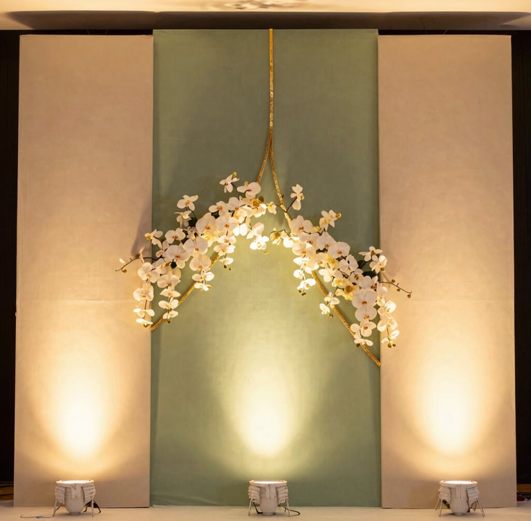 A tall portrait shot of a contemporary Indian wedding stage backdrop, featuring asymmetric sage green panels, delicate gold-leaf trim, and cascading white orchids under soft warm spotlighting