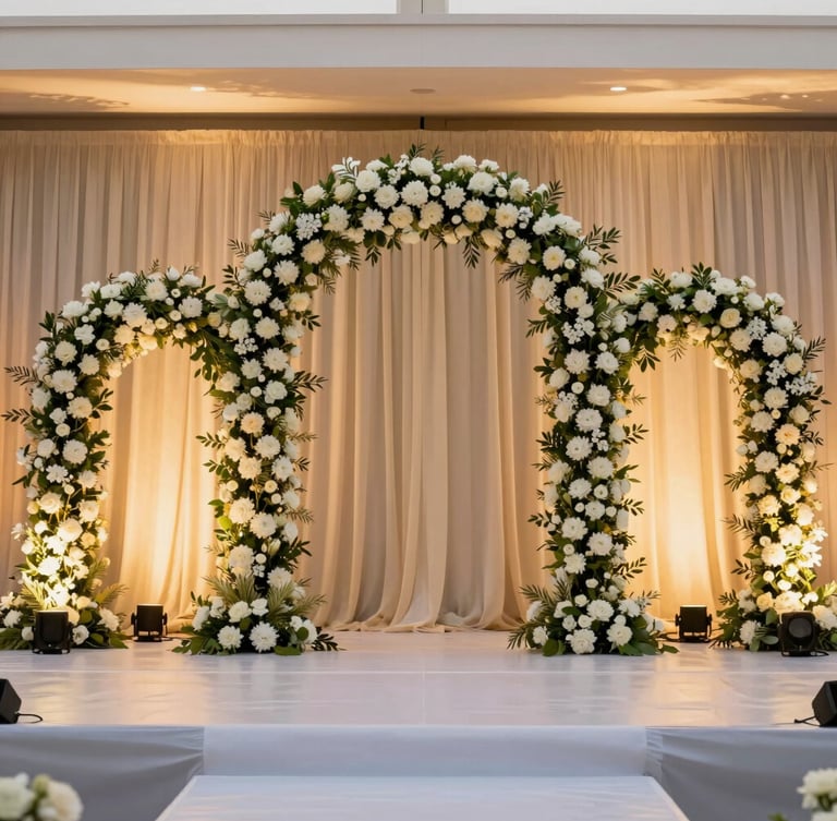 An elegant Indian wedding stage setup with towering floral arches, warm ambient uplighting, champagne drapes, clean modern lines