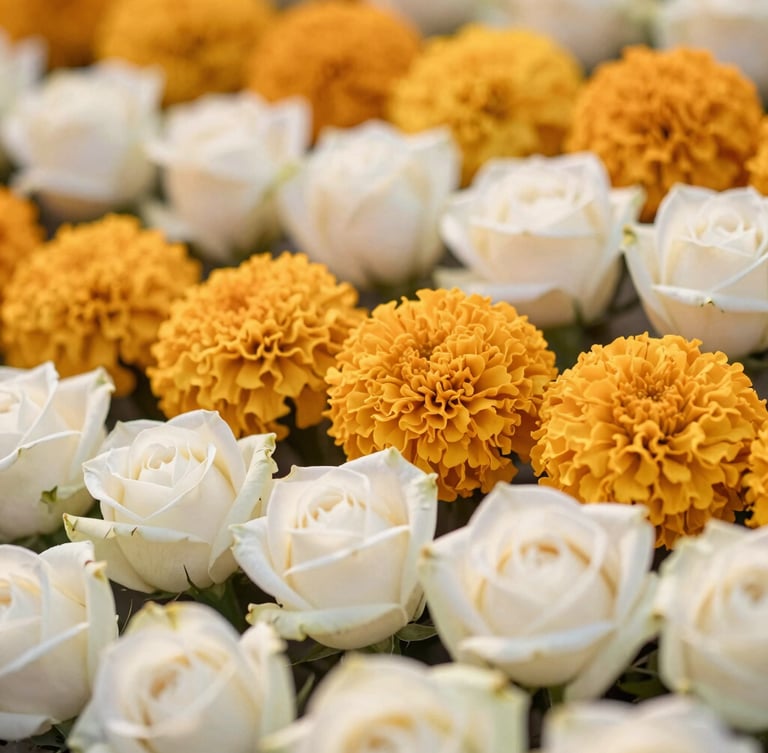 Close-up of fresh Indian marigolds and white roses arranged in architectural layers, soft morning light, shallow depth of field, 35mm