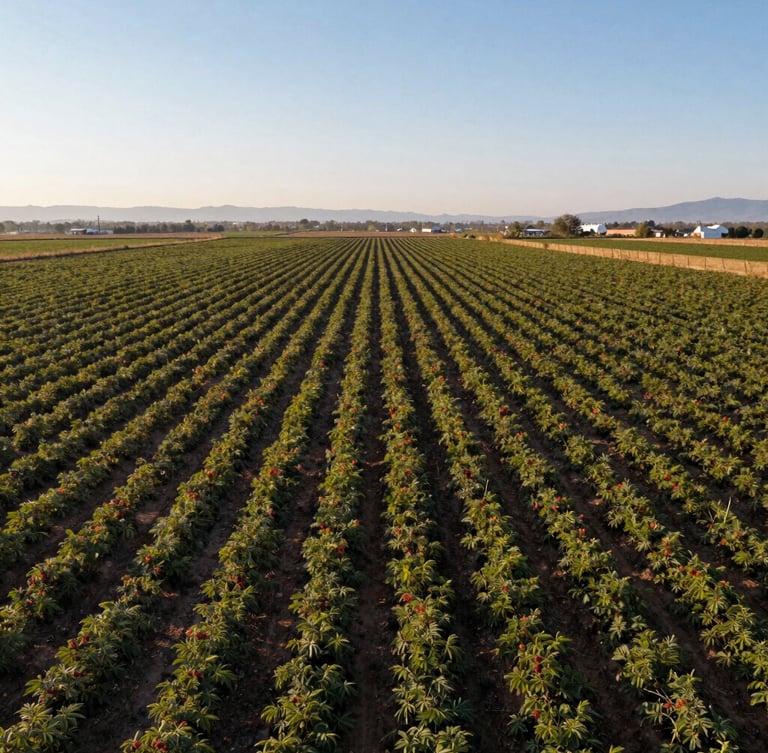 Vista aérea de campos agrícolas de berries perfectamente alineados en Michoacán, luz de mañana clara, geometría industrial limpia
