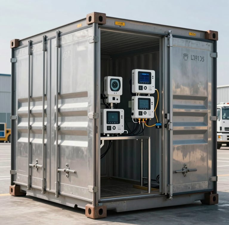 A clean, modern refrigerated shipping container being loaded at a clinical logistics terminal, stainless steel surfaces, cold-chain monitoring equipment visible