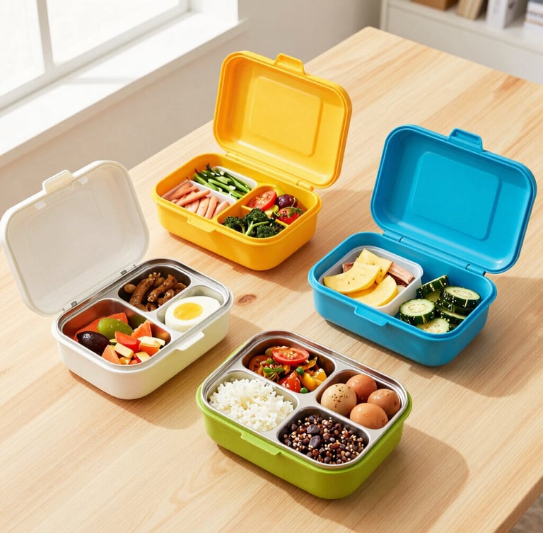 Bright editorial food photography, overhead flat-lay of three modern tiffin boxes opened on a clean wooden office desk, vibrant colors, natural window light