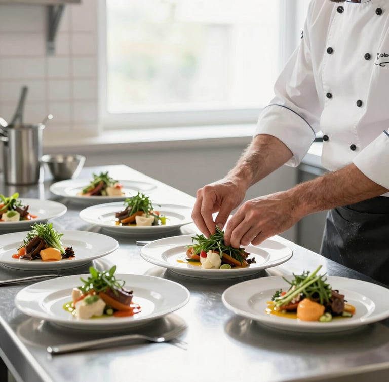 Bright editorial food photography of premium stainless steel kitchen, chef neatly arranging fresh herbs on plated dishes, natural window light, sharp focus