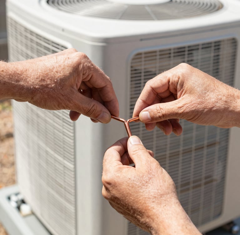 Close-up of a certified technician's hands carefully adjusting copper piping on an outdoor AC condenser unit under bright Colorado daylight, sharp focus on mechanical details.