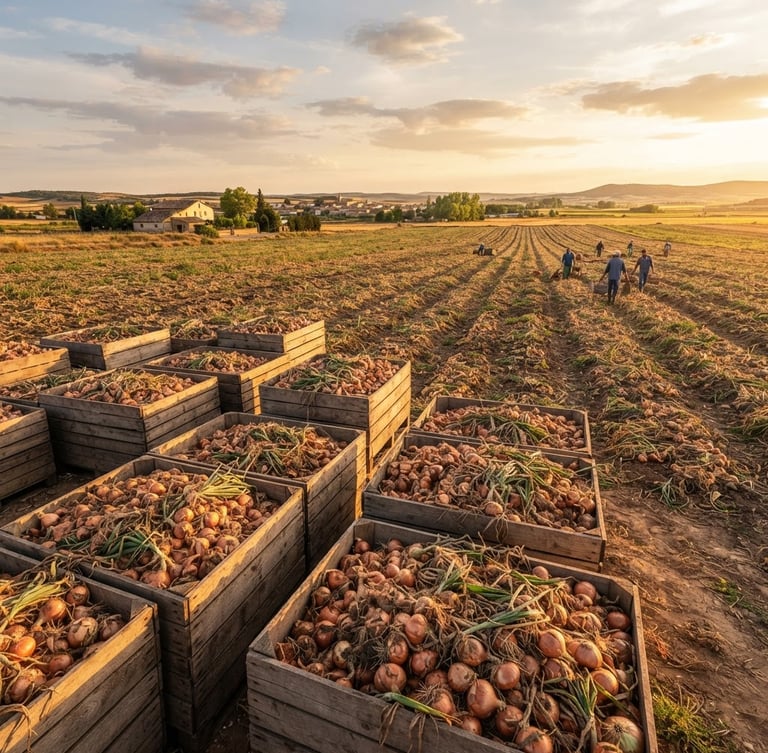 Wide panoramic Spanish onion field at golden hour, freshly harvested onions in bulk wooden crates in the foreground, rich copper and golden tones, bright natural daylight.