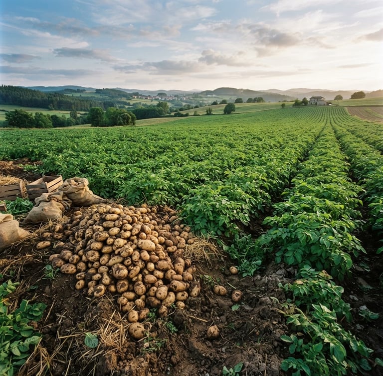 Amplio campo de patatas verdes bajo un cielo ligeramente nublado al amanecer, con una pila de patatas recién cosechadas y tierra fértil en primer plano a la izquierda, vista panorámica.
