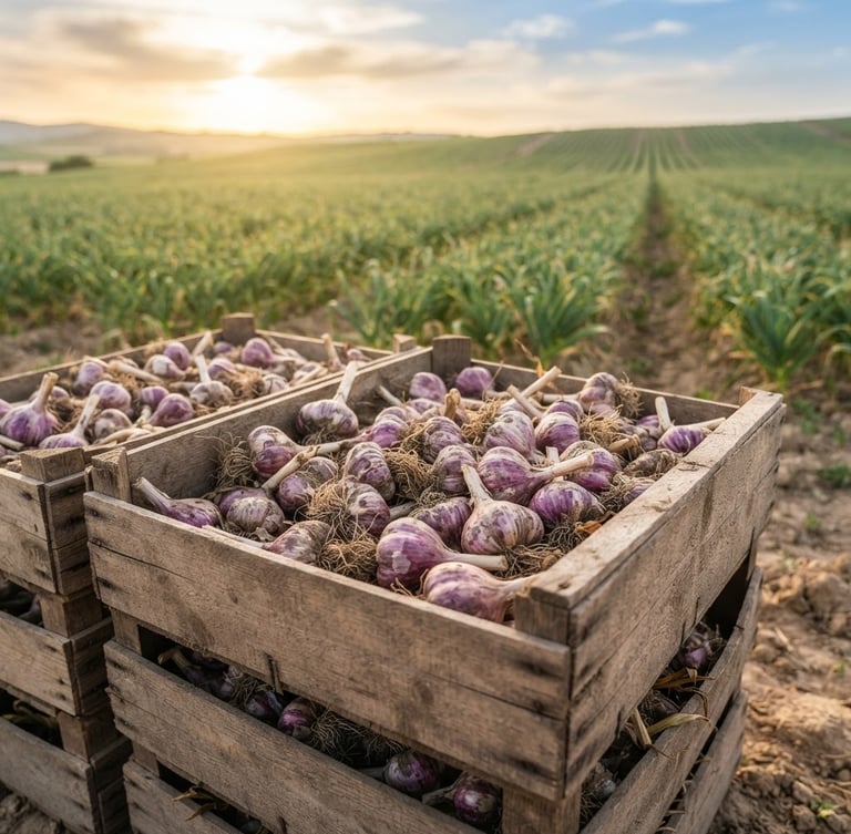 Primer plano de ajos morados limpios y secos en cajas de madera rústicas, con un fondo ligeramente desenfocado de un vasto campo de cultivo de ajo al amanecer, luz natural brillante, 35mm.
