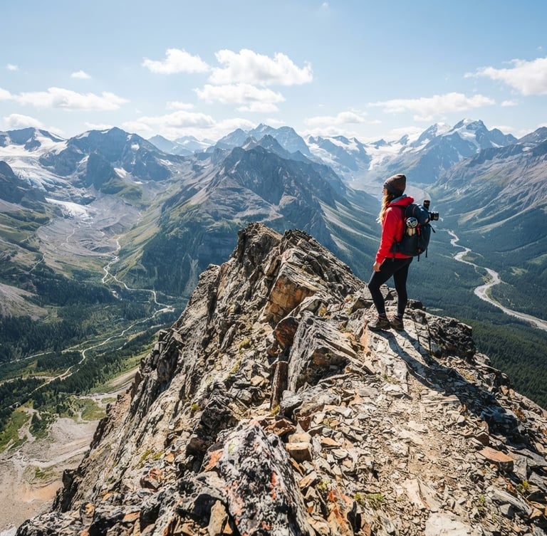 Vibrant adventure photography, bright natural sunlight, a hiker standing on a narrow rocky ridge looking over a vast mountain valley, wide-angle environmental framing, crisp 35mm