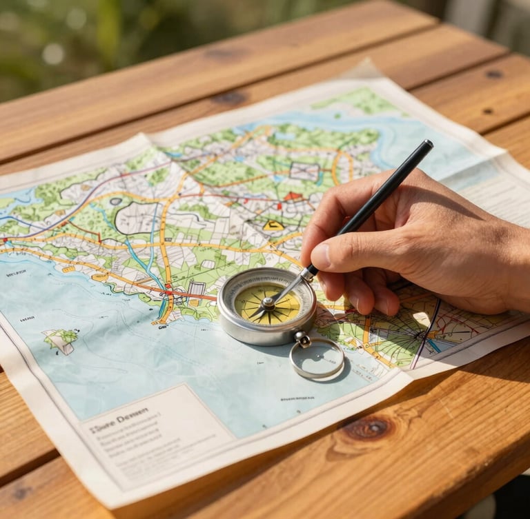 Vibrant adventure photography, bright natural sunlight, tactile close-up of a hand marking a vintage paper map with a classic compass on a wooden table, warm golden hour sunlight, rich saturated tones