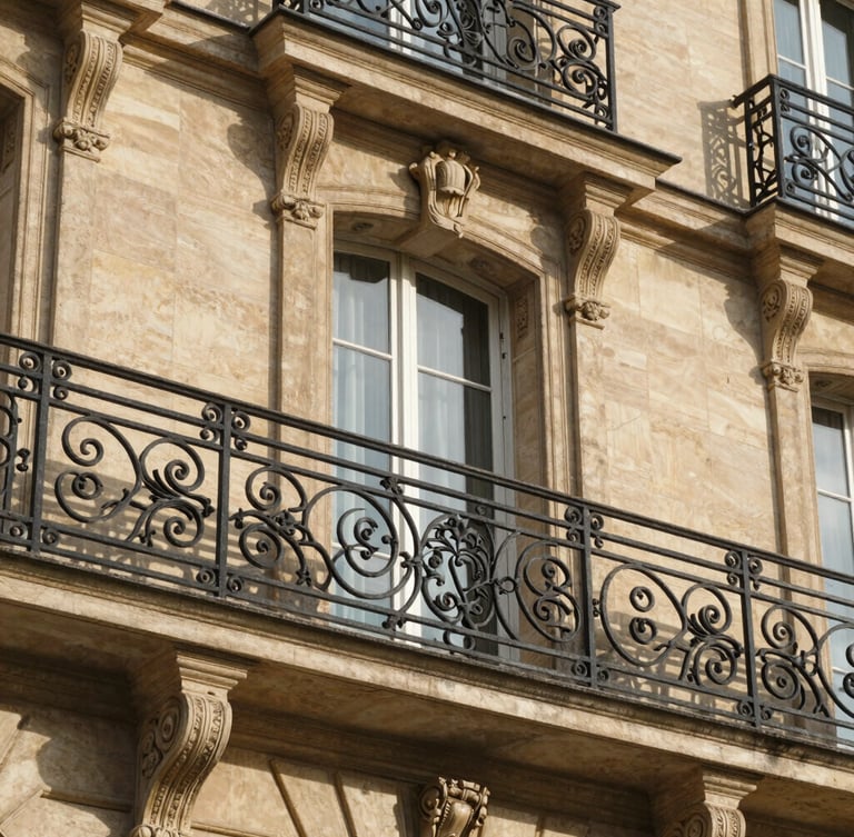 Close-up detail of a Parisian balcony with intricate black ironwork, warm stone facade, soft natural afternoon light, elegant editorial feel