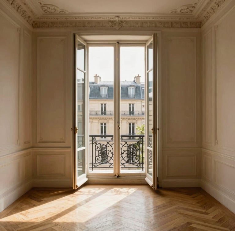 A high-end sunlit Parisian apartment interior with herringbone parquet floors, decorative ceiling moldings, tall French windows opening to a classic wrought-iron balcony, soft afternoon daylight, warm stone and brass tones, editorial architectural photography, 35mm lens.