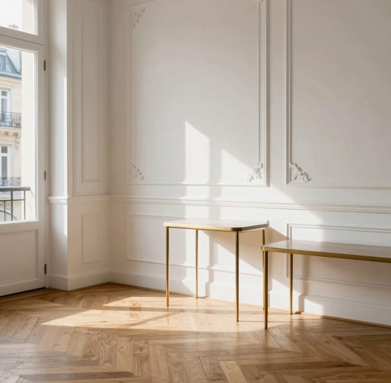 Sunlit Parisian apartment interior, chevron wooden parquet flooring, high white walls with classic plaster moldings, elegant minimalist furniture, soft afternoon light, 35mm lens.