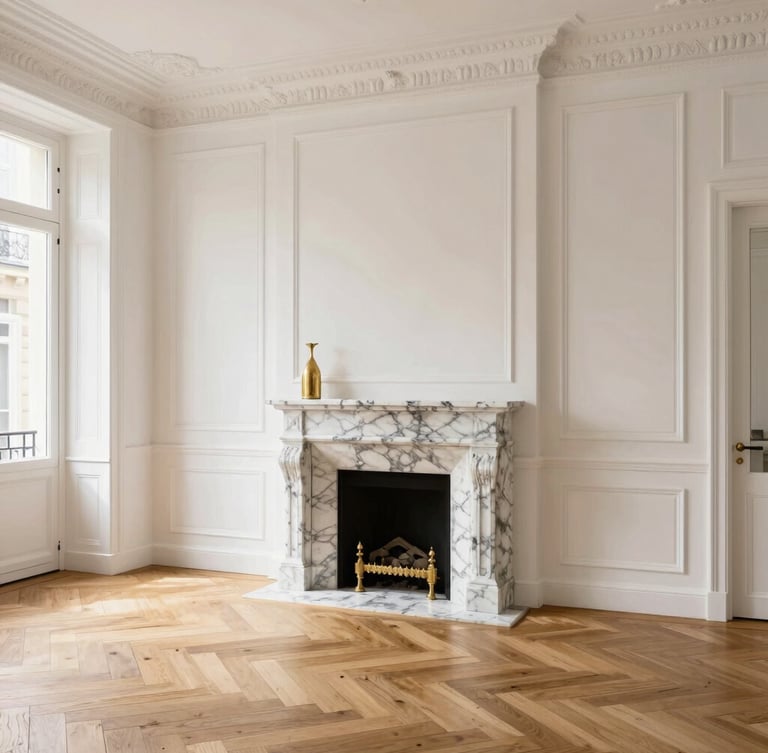 High-end Parisian apartment interior with herringbone wood floor, bright natural daylight illuminating white walls with classic moldings and a marble fireplace.