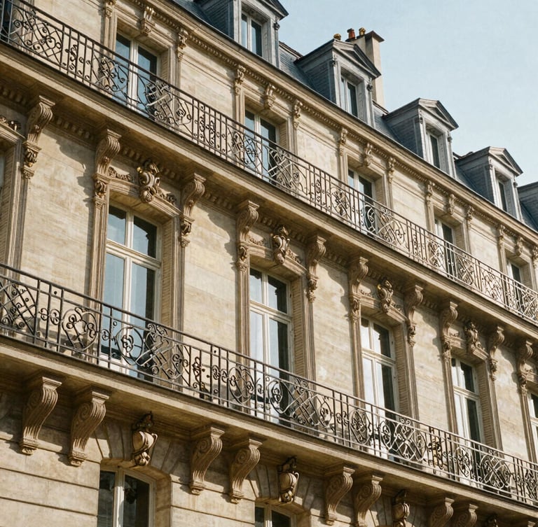 Warm afternoon daylight shining on a Haussmannian facade in Paris, elegant iron balconies, architectural detail, 35mm lens