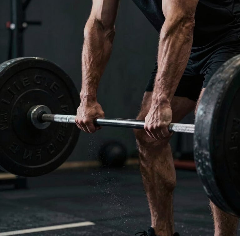 Close-up action shot of a masculine athlete's hands gripping a heavy barbell, chalk dust in the air, dramatic low-key side-lighting, deep charcoal gym background.