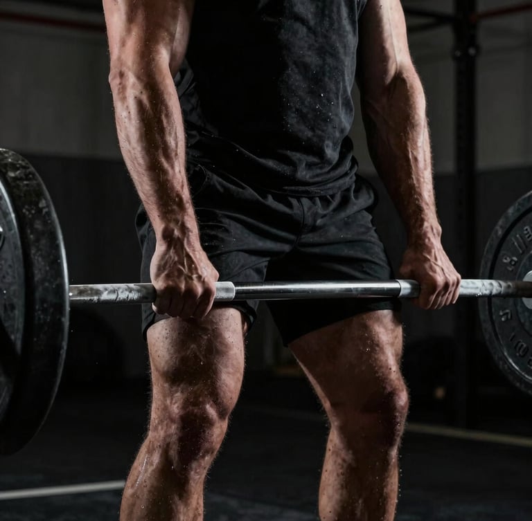 Gritty high-contrast athletic photography, dramatic low-key side-lighting, deep charcoal tones, close-up of a masculine athlete's hands gripping a barbell under heavy tension, chalk dust in the air, sharp focus, 35mm lens.