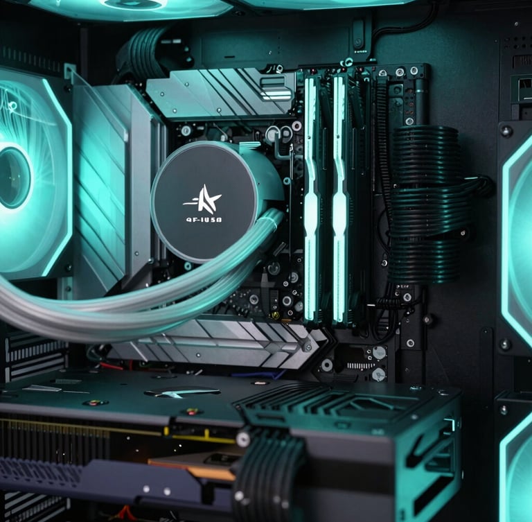 Extreme close-up macro shot of a pristine custom PC build's interior, showing clean cable management, a liquid cooling block, and glowing neon-cyan RGB accents, cool-toned studio lighting, deep obsidian background, subtle cyan rim light, intricate component details