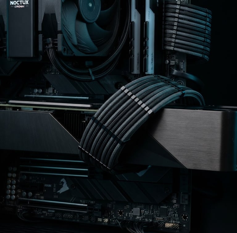 Extreme close-up macro shot of pristine, clean cable management in a high-end PC build, cool-toned studio lighting, subtle cyan rim light, deep obsidian background, geometric edges