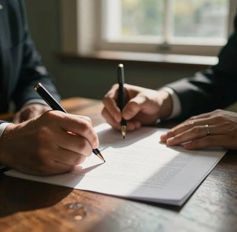 A close-up of hands signing formal legal documents on a dark wooden desk, warm natural sunlight filtering through a window, shallow depth of field, 35mm