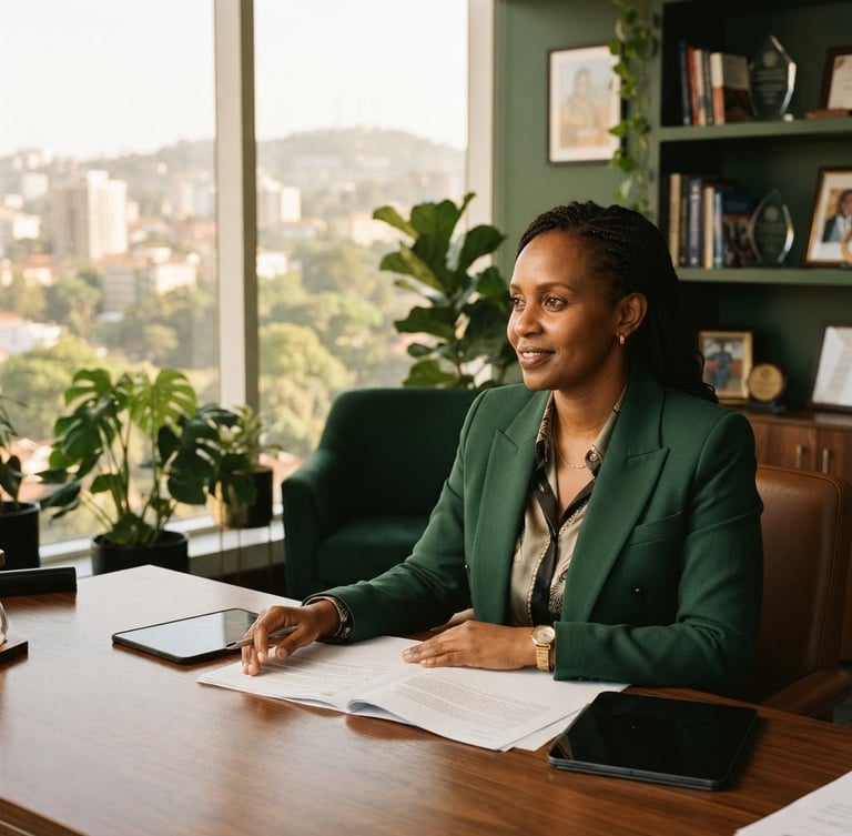 Medium environmental portrait of an East African executive in a structured, sunlit Kampala office, warm window light, deep green tones, 35mm