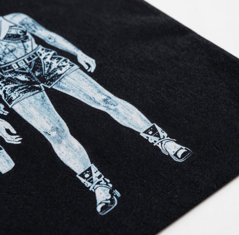 Close-up of high-fidelity screen printing on heavy black cotton fabric, crisp white ink details, cool overcast studio lighting, premium editorial fashion photography