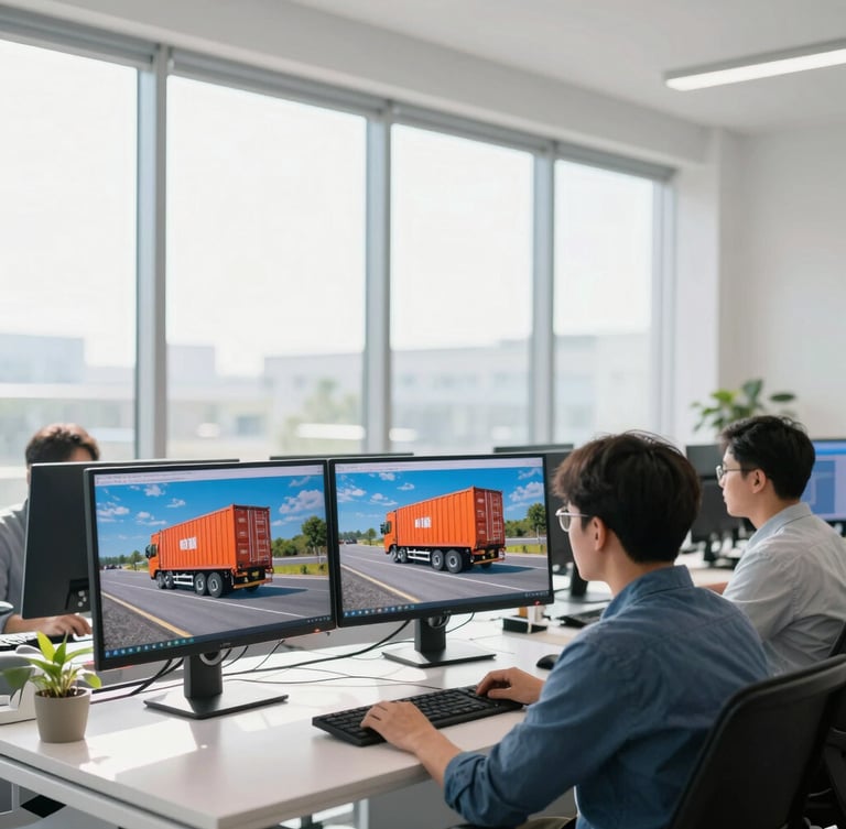 Bright modern logistics office with large windows, team of dispatchers tracking freight on clean dual screens, natural morning daylight, professional and airy atmosphere, 35mm