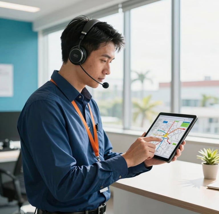 A professional dispatcher in a bright modern Florida office, looking at a clean logistics routing map on a tablet, sunlight streaming through windows, professional, trustworthy, 35mm