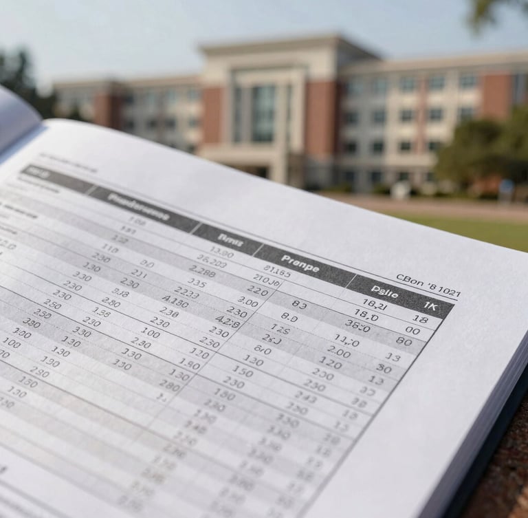 Macro shot of printed scientific reports with data tables and architectural background of a university campus, clean natural daylight.