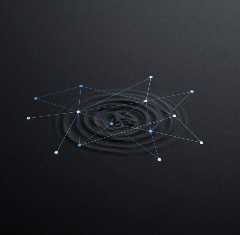 minimalist editorial photography, cool ambient lighting, high contrast, desaturated tones with electric blue accents, 35mm lens, abstract representation of a complex network diagram or a subtle ripple effect on a dark surface, indicating underlying connections and structural changes, wide panoramic, off-center focal point