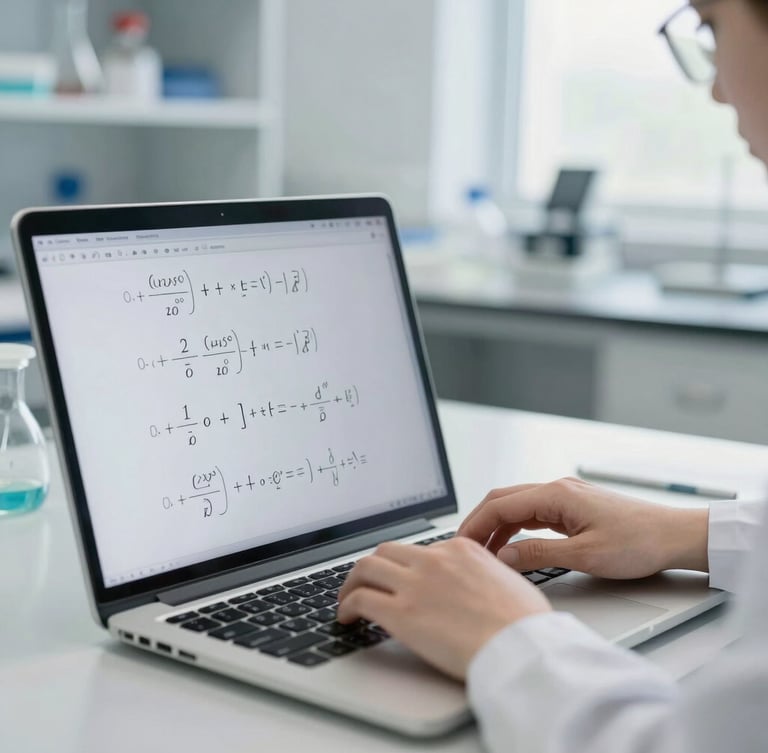 Close-up of a researcher working on a complex mathematical model on a laptop in a bright, modern laboratory, clean cool-toned indoor lighting