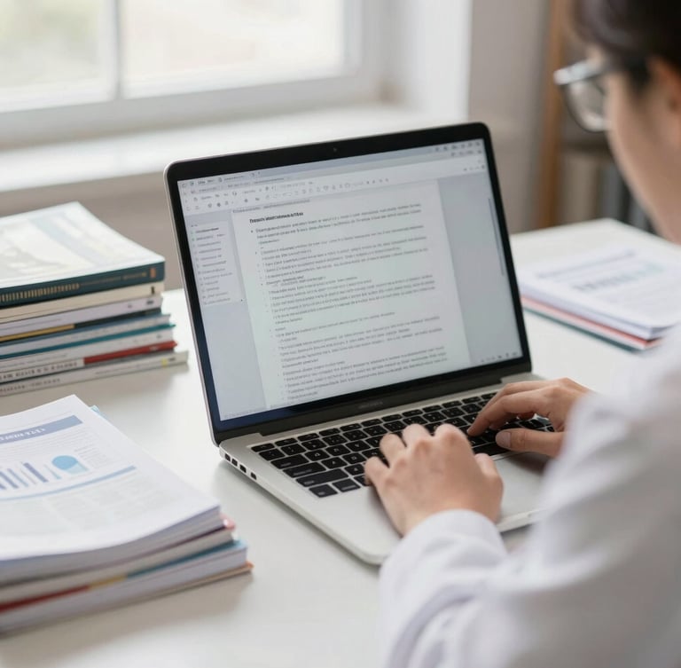 Medium close-up of a researcher's organized desk, a laptop showing a structured scientific manuscript layout, stacked academic journals, bright natural library daylight, shallow depth of field, 35mm lens