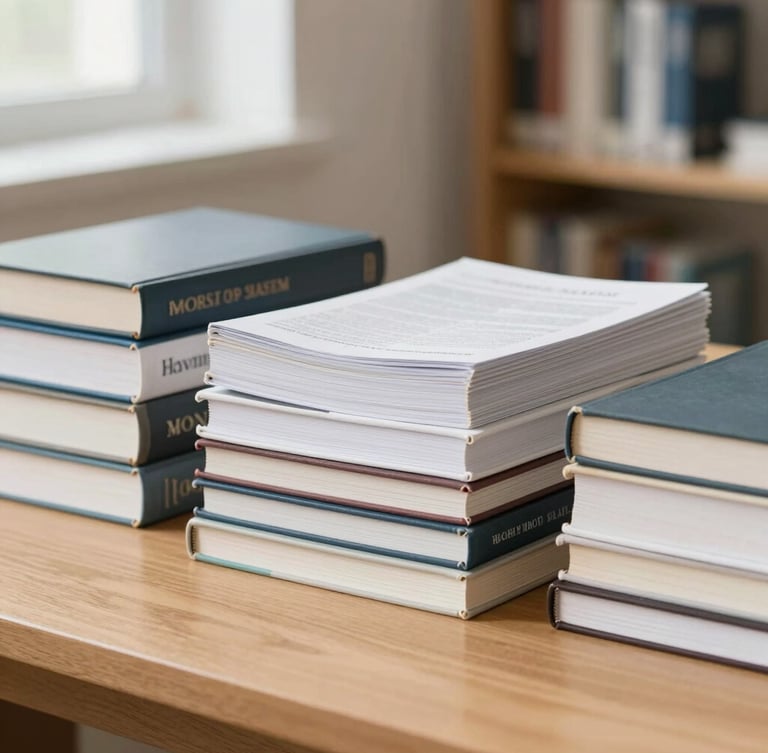 Neatly stacked academic journals and books on a clean wooden desk, soft natural library daylight, shallow depth of field