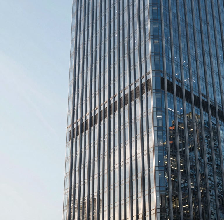 Wide panoramic 21:9 framing of a glass and steel skyscraper facade in a global financial hub, sharp architectural lines reflecting crisp cool-toned daylight, extreme close-up on structural geometry with generous negative space on the left.