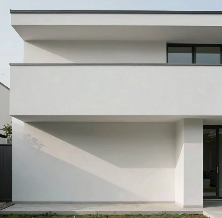 Minimalist modern home exterior, clean architectural lines, soft natural daylight, muted cool tones, 35mm photography