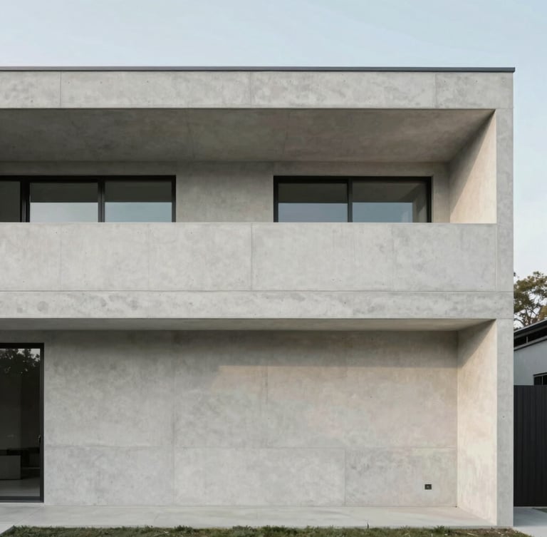Wide architectural crop of a minimalist modern home facade, clean concrete lines, soft natural daylight, muted cool tones, 35mm