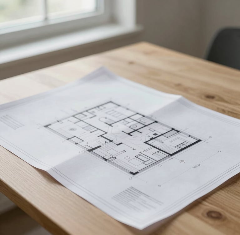 A close-up of architectural blueprints resting on a minimalist oak table, soft natural daylight streaming from a nearby window, clean composition, muted cool tones, 35mm.