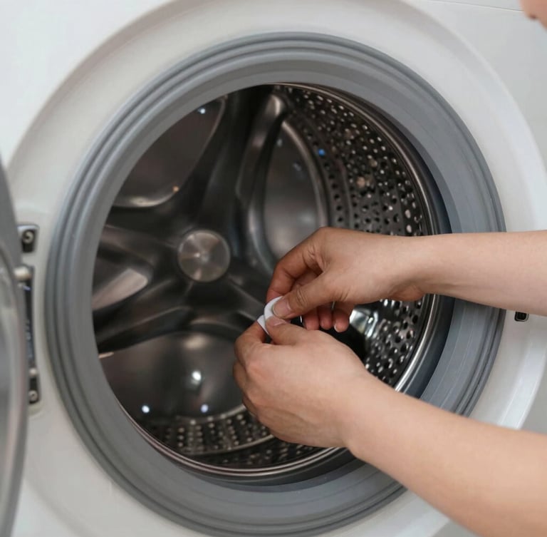 Close-up of professional hands adjusting the stainless steel drum of a top-load Panasonic washing machine, clean tools nearby, bright daylight.