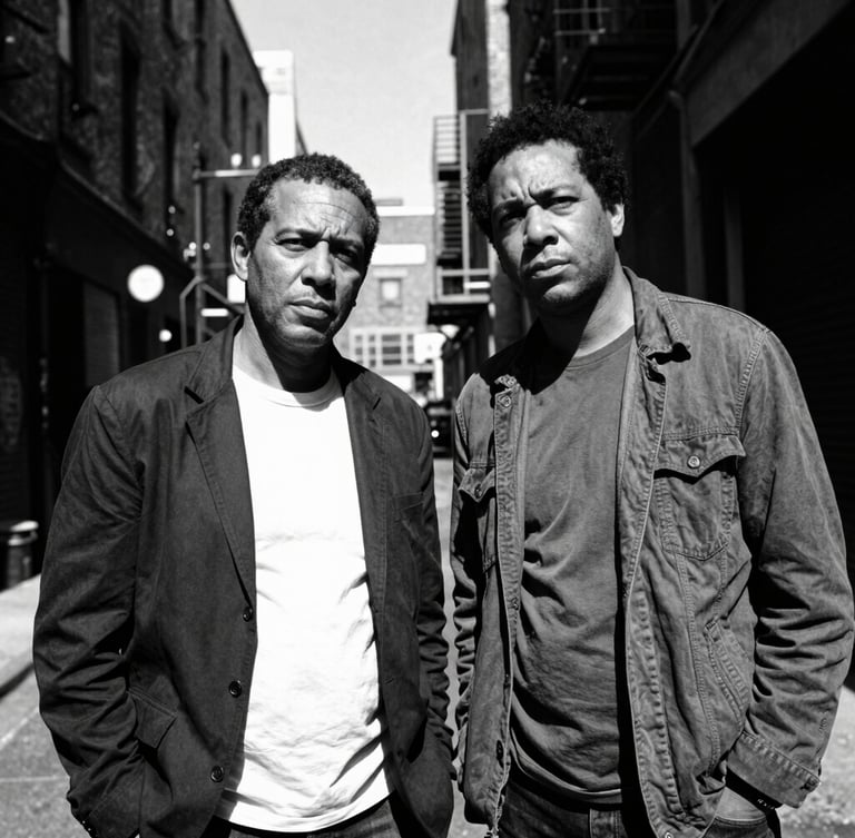 high contrast black and white portrait of two founders in a gritty Birmingham alleyway, harsh direct sunlight, wide-angle lens, unposed, defiant expressions