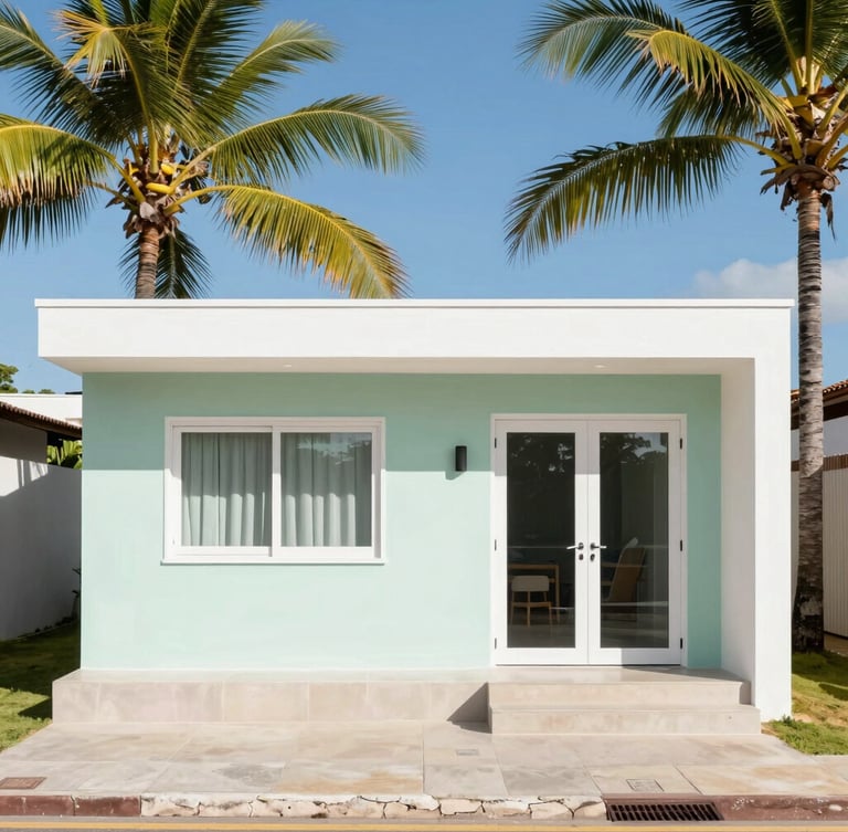 Bright modern beach house in Brazil, clean architecture, palm trees, sunny day, 35mm lens