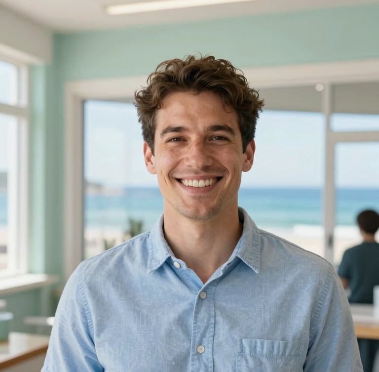 Close-up of a local business owner smiling in a bright coastal shop, natural daylight, warm tones, professional
