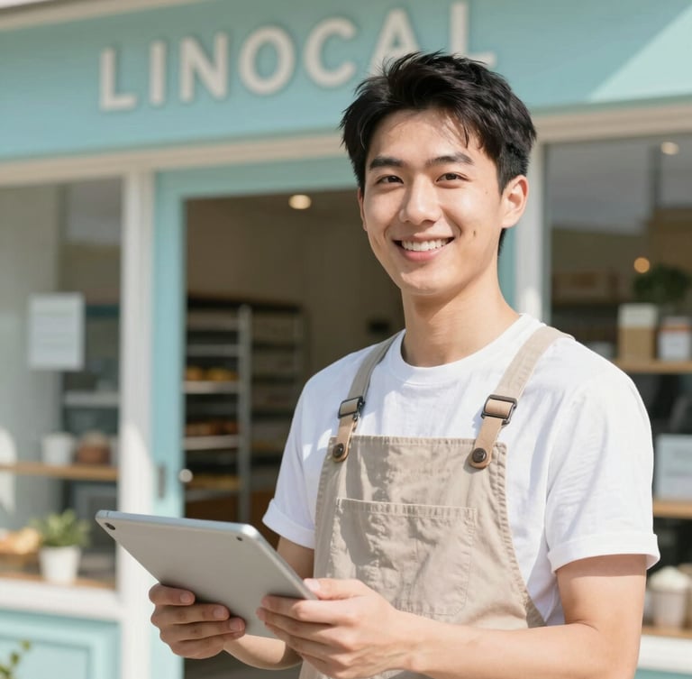 A bright, professional close-up of a local business owner smiling in a sunlit bakery storefront, holding a tablet, clean coastal-modern style