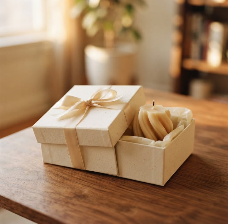 Elegant corporate gift box containing a Lumora spiral candle, tied with a silk ribbon, resting on a walnut table with soft golden hour light, shallow depth of field, warm editorial photography.