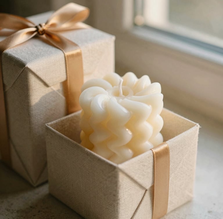 Close-up of a Lumora spiral candle in premium linen-textured gift packaging, soft gold ribbon, warm natural light, shallow depth of field, on a stone surface.