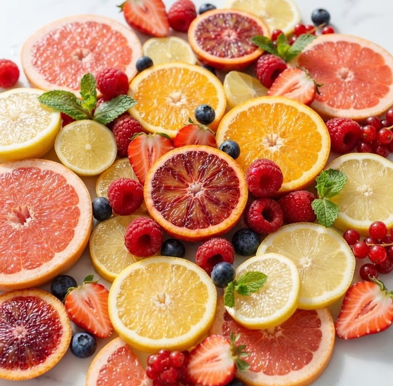 Vibrant editorial photography, bright morning sunlight, a close-up of fresh glistening sliced citrus fruits and berries on a clean white surface, high-key studio light.
